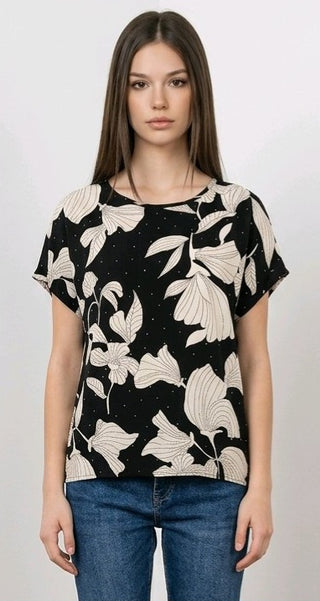 T-shirt med blomsterprint og rhinsten sort