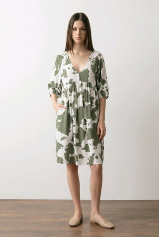 Kortærmet bomuldskjole med print, Khaki