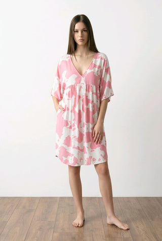 Kortærmet bomuldskjole med print,Pink