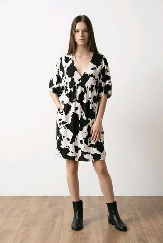 Kortærmet bomuldskjole med print, Sort