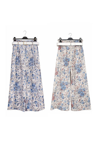 HØJTALJEDE BUSKER MED BLOMSTERPRINT, BISTRETCHER, BÆLTE, LIGE BEN OG LOMMER